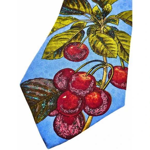 Vintage Rare Yves Saint Laurent Silk Tie‎ – Blue Cherry Print w/ Sparkle Accents