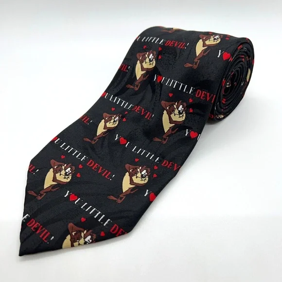 VTG Tasmanian Devil Tie Black Valentines Day‎ Looney Tunes Mania Taz 90s 1996