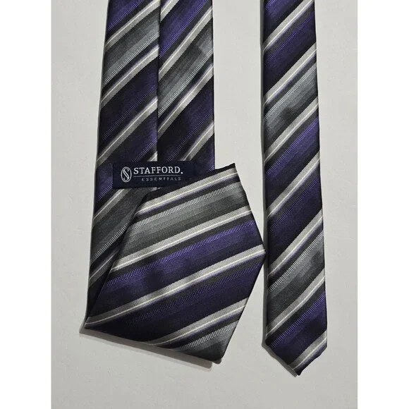 Stafford Essentials Necktie Striped Pattern Shades Of Purple, Black & Gray Tie