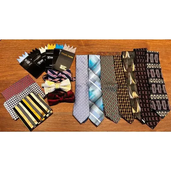 Tie and Pocket‎ Handkerchief Lot: Prefolded, Bow Long, Blue Red Geometric Plaid