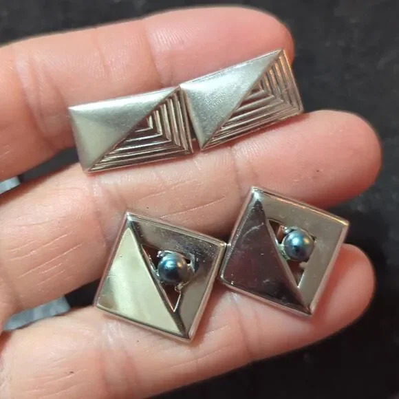 2 pr Vintage Swank faux‎ pearl square Shaped Silver Tone Cuff Links