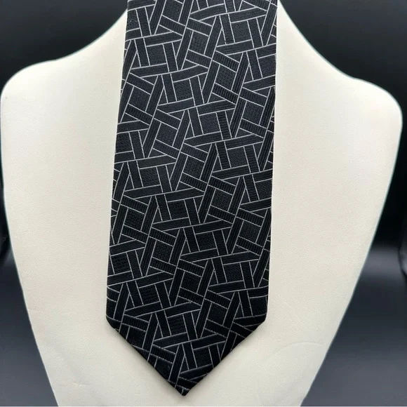 Vintage Yves Saint Laurent YSL Black & Silver Geometric Silk Tie – 1970s–80s EUC