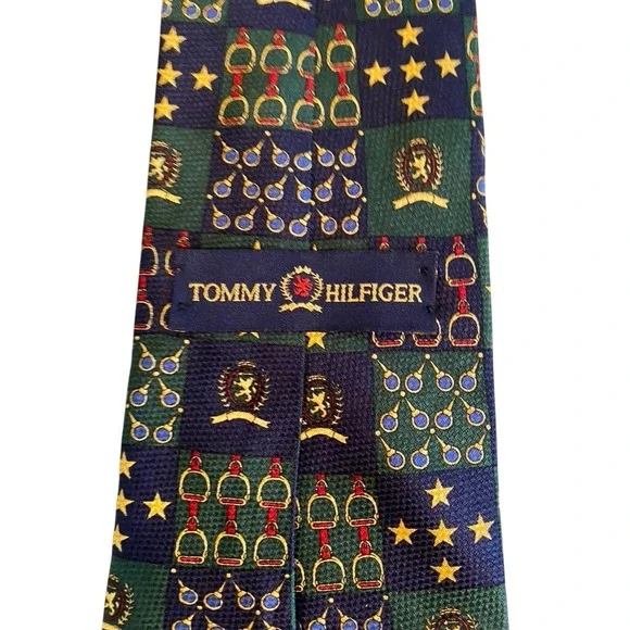 Tommy Hilfiger Mens Silk Tie Navy Green Equestrian Crest Stars Made in USA