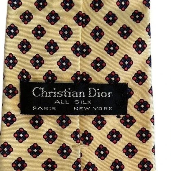 Christian Dior Mens Silk Tie Yellow Navy Red Geometric Medallion Paris New York