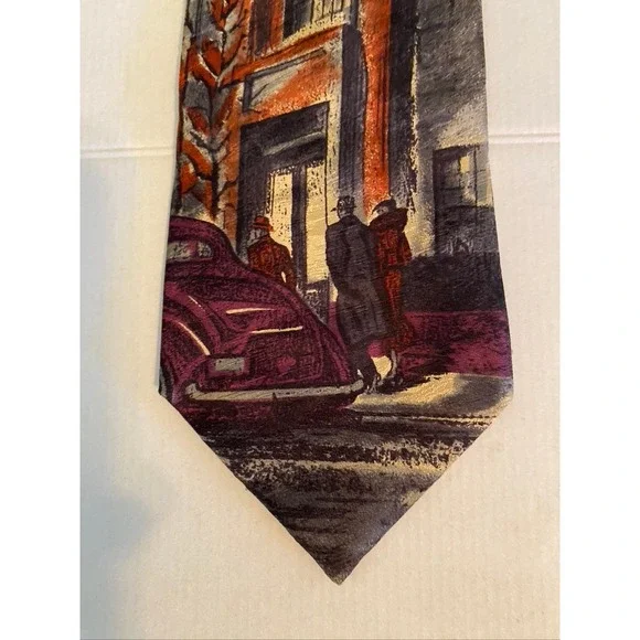 Bugatti Mens Silk Tie Italian Impressionist Street Scene Vintage Car Burgundy 4
