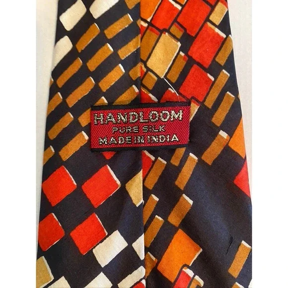 Handloom Pure Silk Tie Mens Geometric Block Pattern Red Orange Black India Made