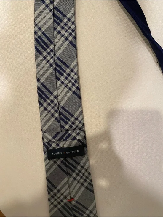 Tommy Hilfiger Gray and Navy Plaid Silk Tie