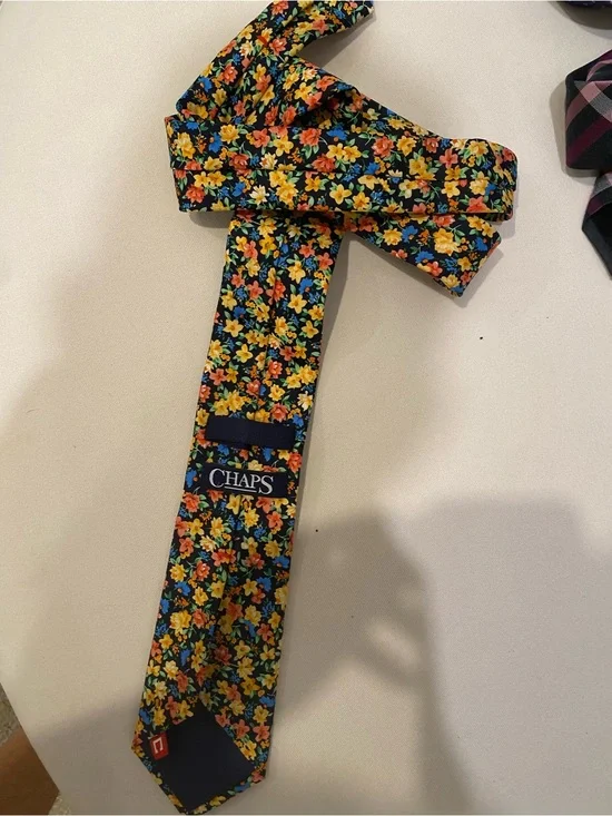Chaps Floral Silk Tie with Yellow, Orange & Blue Blossoms