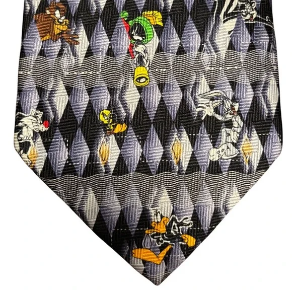 Vintage 1999 Warner Bros Looney Tunes Silk Tie Argyle Grey Bugs Bunny Daffy Duck