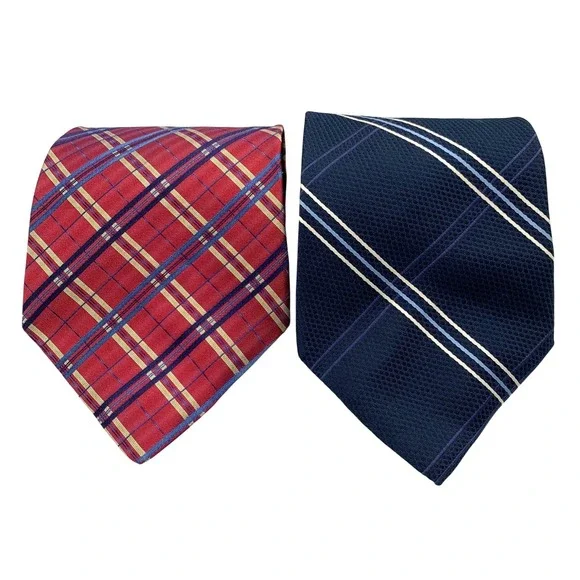 Bundle 2 Tommy Hilfiger Plaid Stripe Silk Tie Mens Red Blue Gold Made in the USA