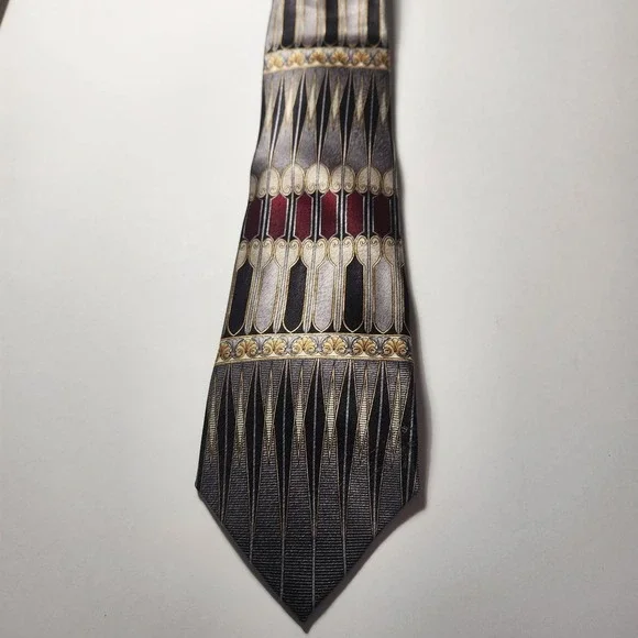 Stafford Mens Silk‎ Tie Art Deco Geometric Black Silver Burgundy Gold USA Made