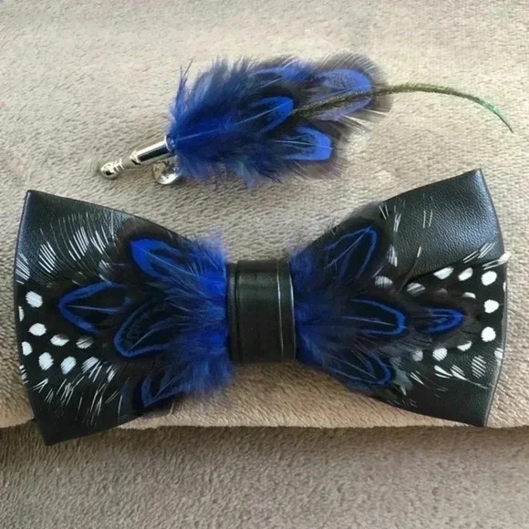 Spotted Black & Cobalt Luxury Leather Feather Bowtie and Lapel Pin Set Italy