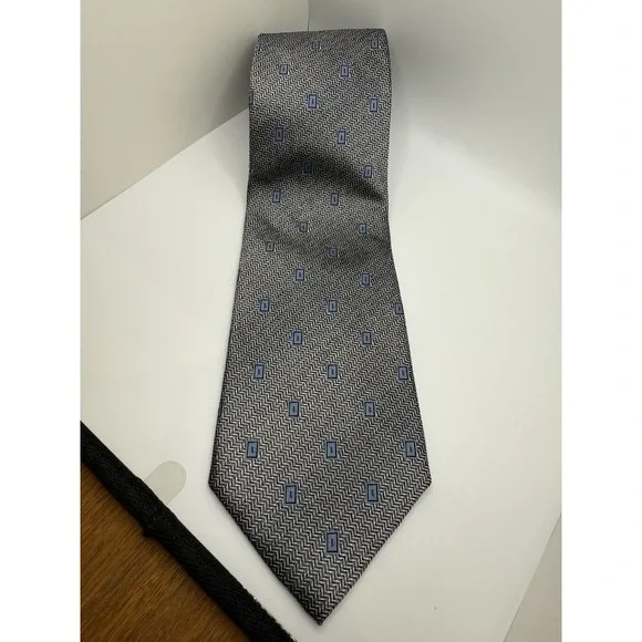 Burma Bibas Silk Tie Gray Blue Geometric Chevron Pattern Classic Length 60
