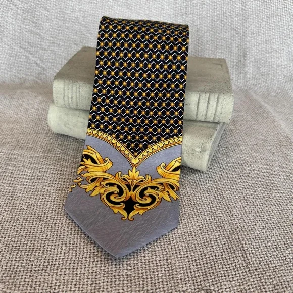 Vintage Gianni Versace 100%‎ Silk Tie Barocco Scroll & Geometric Honeycomb