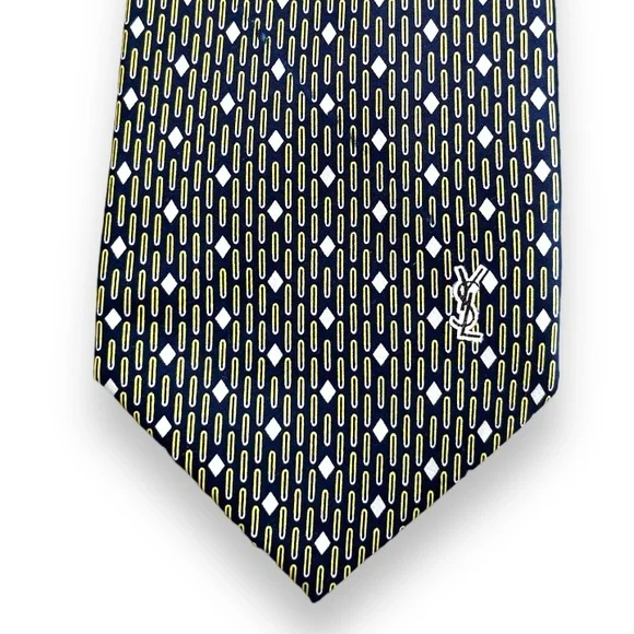 Yves Saint Laurent YSL Mens Tie Navy Blue Geometric Logo Print NWT