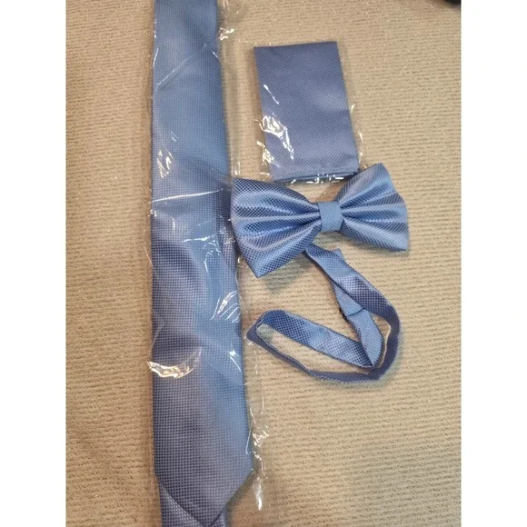 Mens Light Blue Necktie Bow Tie and Pocket Square Set Textured Formal 3-Piece