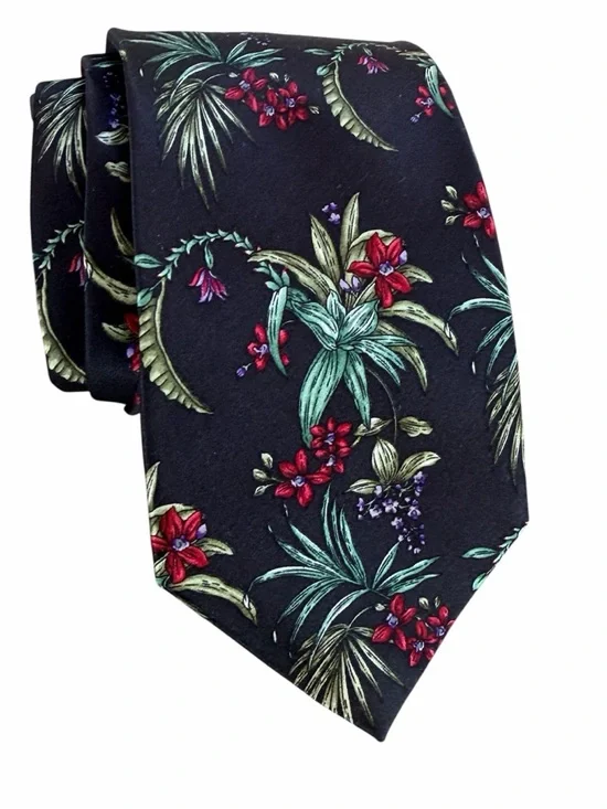 NEW Robert Graham 100% Silk Tropical Floral Tie Black Necktie