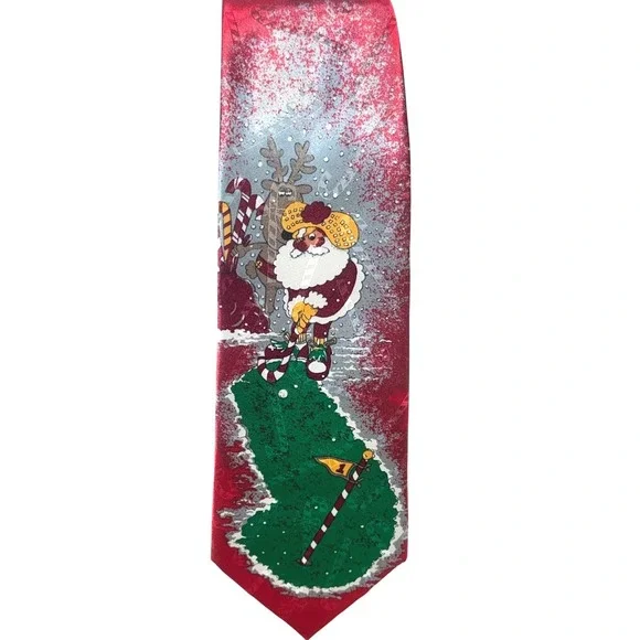 90's Hallmark‎ Santa Claus Golfing Christmas Yule Tie Greetings 100% Polyester