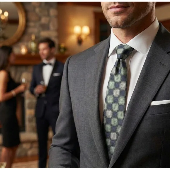 Alexander Julian Colours Tie Men Green Grey Checkered Grid Box Pattern Polyester