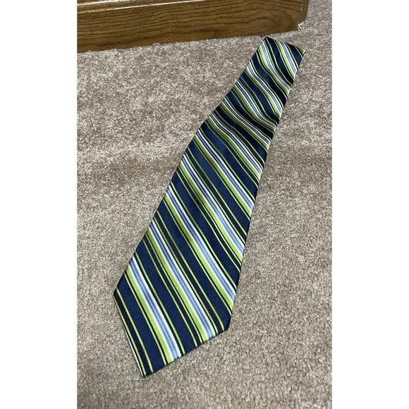 Jones New‎ York Tie Green Blue White Diagonal Striped Silk Woven Men's Necktie