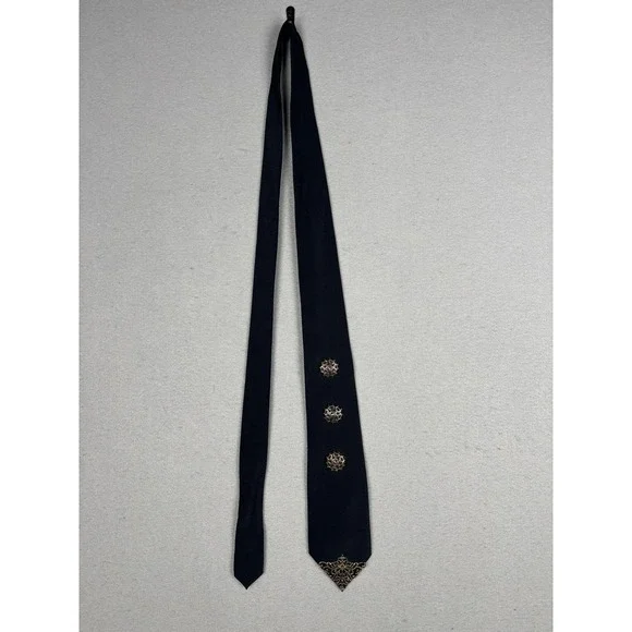 Vintage Express Tie Mens One Size Black Metal Medallion Polyester Necktie 80s