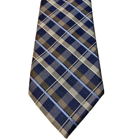 Michael Kors Necktie Navy Blue‎ Tan Plaid Silk Blend Classic Business Tie