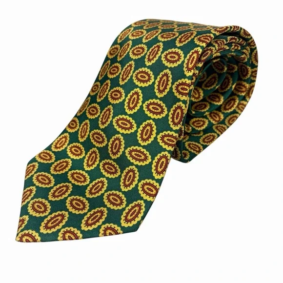 Throttleman‎ England Silk Tie Vintage Green Yellow Geometric Designer Necktie