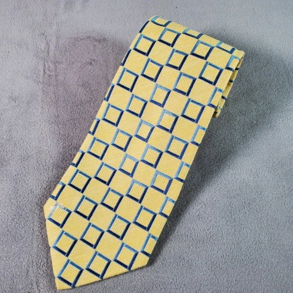 Ermenegildo Zegna Tie Mens Yellow Blue Geometric Print Silk Blend Italy Designer