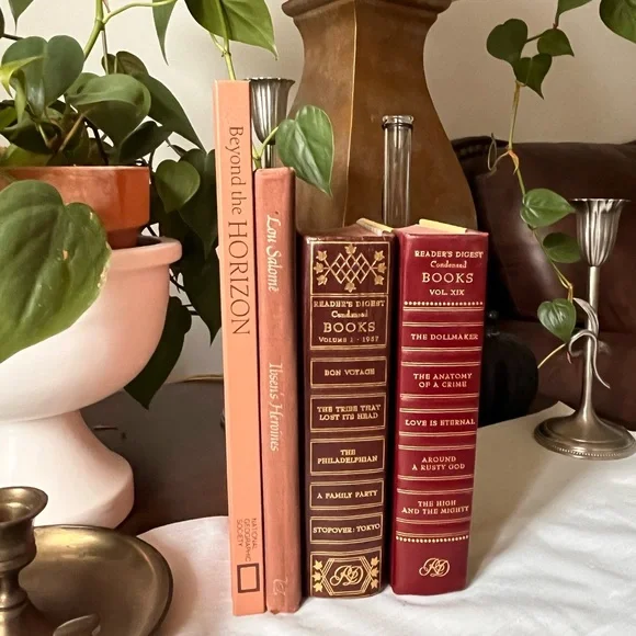 Curated Book Stack Set Decorative Vintage Hardcover Shelf Filler Brown Warm Red