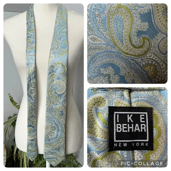 Ike Behar Pastel Blue Green Off-white Paisley Silk USA Made Necktie‎