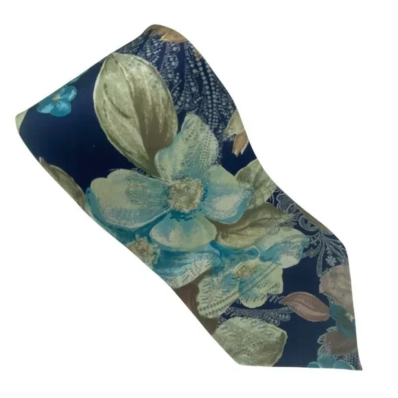 JT Beckett Silk Floral Tie Navy Blue With Green‎ & Brown Accents 59
