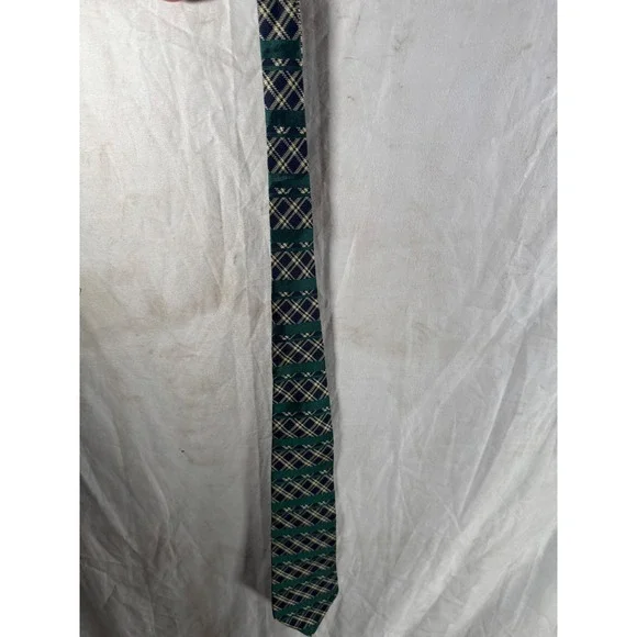 Tommy Hilfiger Mens Green Navy Gold Plaid Italian Silk Necktie Made in USA