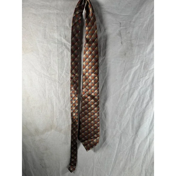 Belisi Mens Silk Necktie Orange Gold Grey Geometric Checkered Hand Made Tie