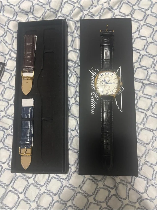 Invicta Gold Tone Chronograph Watch with Black, Brown and Blue Straps
