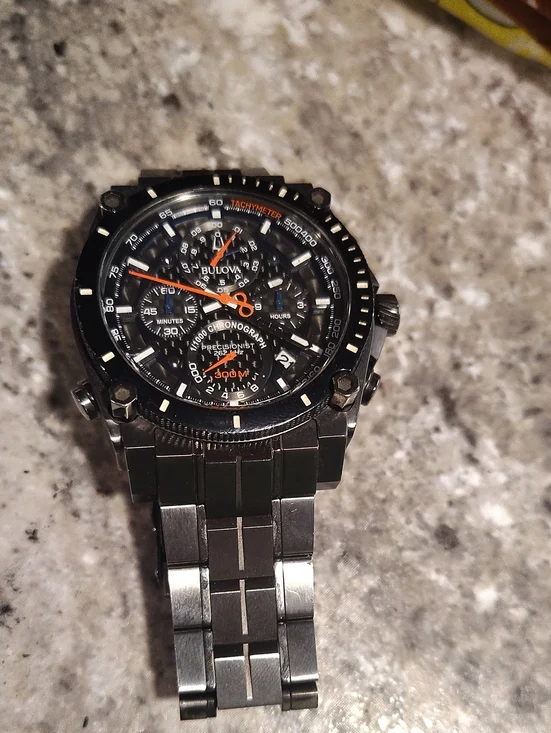 Bulova Black and Orange Stainless Steel Chronograph Watch