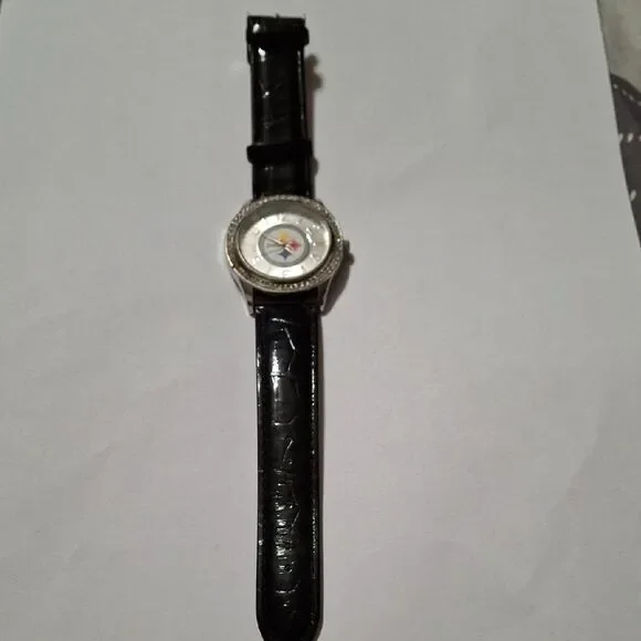 Classic Black Leather Strap Watch with Pittsburg Steelers
