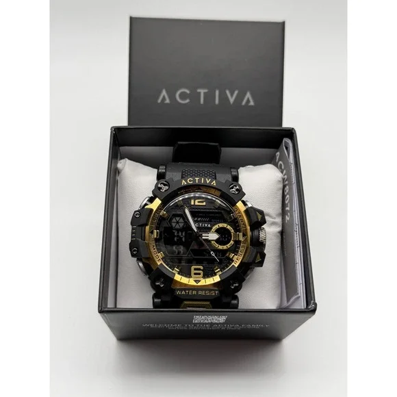 Activa ACW8072-002 Sport Watch Mens Black Gold Analog Digital Chrono 30M New