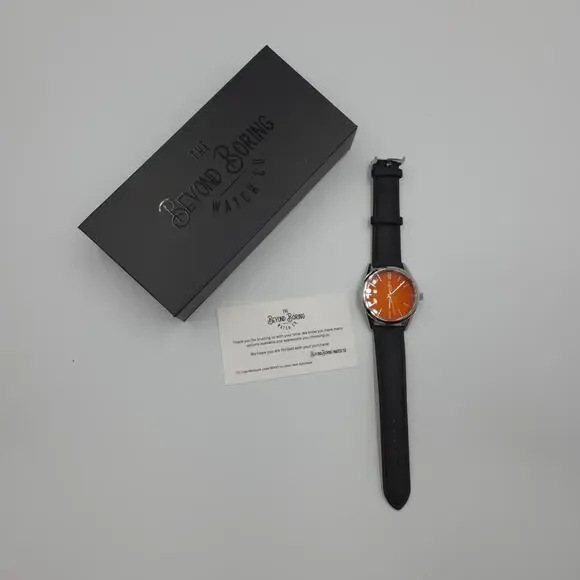 The Beyond Boring Watch Company in Orange Sunburst Watch Black Leather 39mm