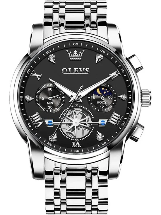 Men's Black/ Silver Stainless Steel Chronograph Waterproof Quartz Dress Watch