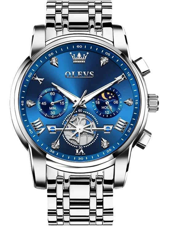 Men's Blue / Silver Stainless Steel Chronograph Waterproof Quartz Dress Watch