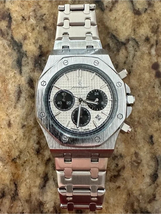 ⌚️⏱️🩶 Silver Men's POEDAGAR Chronograph Watch with White Honeycomb Dial