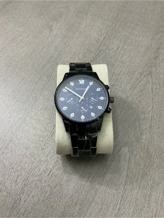 Khorasan Unisex Analog Quartz Watch Black Dial Black Metal Bracelet Roman