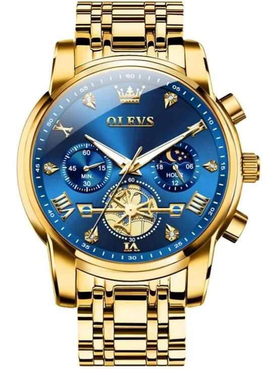 Men's Gold-Blue Stainless Steel Waterproof Big Face Multifunction Wrist Watch