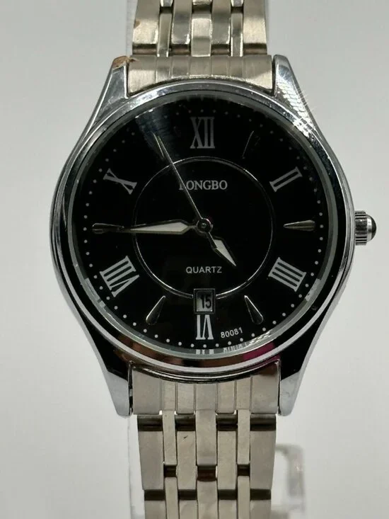 3/$30 Longbo Watch Men Silver Tone Black Dial Date Window 29MM New Battery 8”