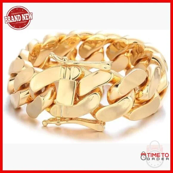 Men's 18K Gold Cuban Chain Bracelet 22mm Wide 9 Inch Heavy Weight