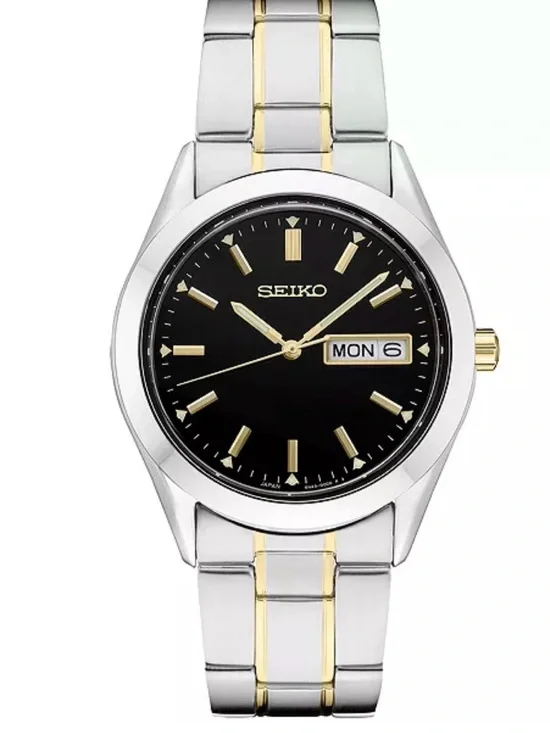 Seiko Black Dial Two-Tone Gold & Silver Bracelet Watch day date Mens Watch