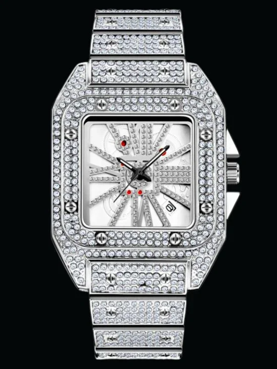 Square Special Red Dial Date Iced Out Diamond Watch, Luxury Hip Hop Watch Unisex