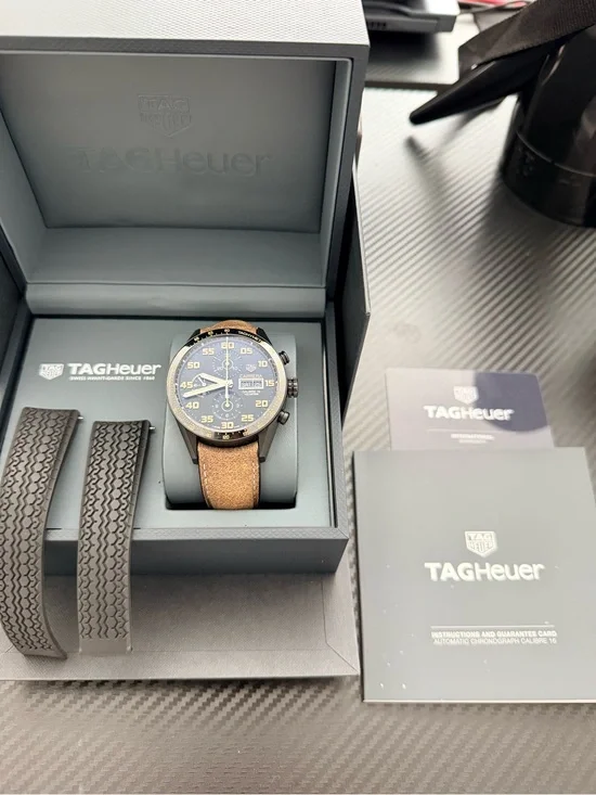 Tag Heuer Blue Dial Chronograph with Brown Leather Strap and Black Rubber Extras