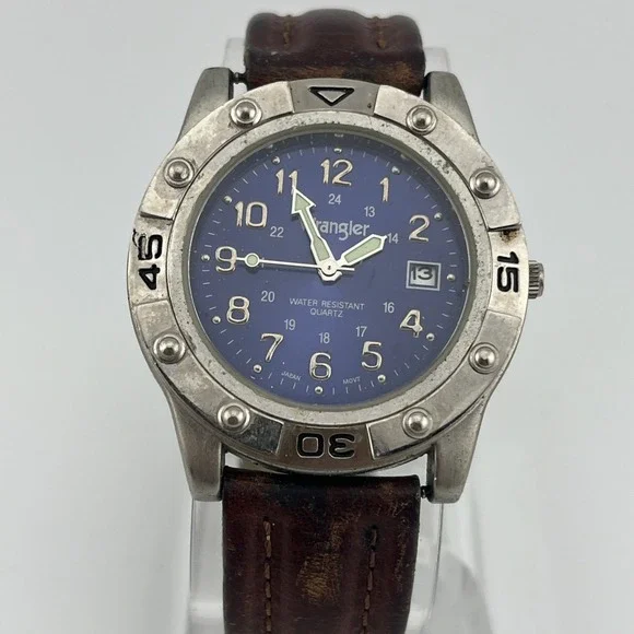Wrangler Hero Watch Men 40mm Case Blue Dial Brown Leather Band- New Battery‎