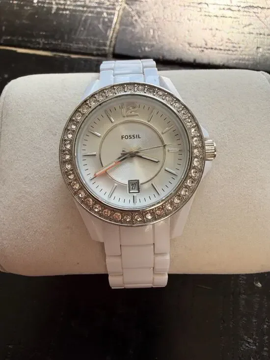 Fossil Women ES2437 Pave Date White Ceramic Quartz Watch